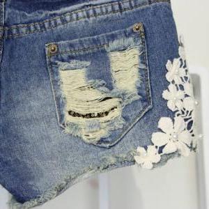 Pearl Lace Flower Broken Copper Jean Shorts826 on Luulla
